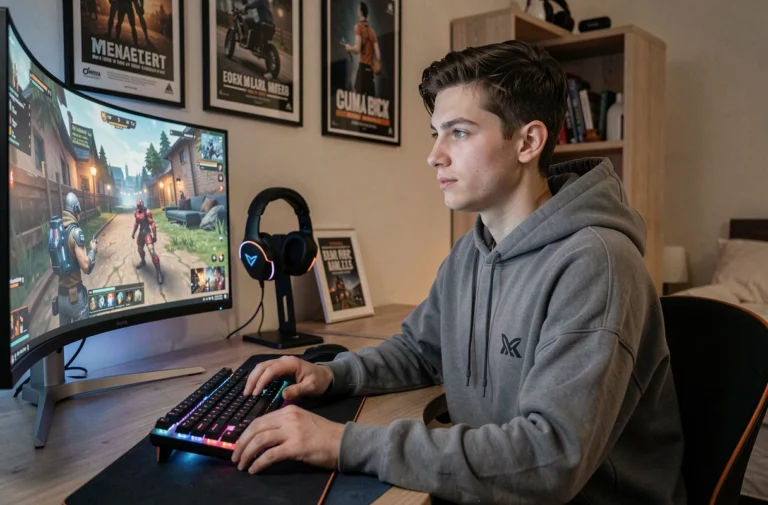 Jeune streamer français assis devant son setup gaming professionnel avec écran ultrawide et accessoires RGB dans une chambre-studio moderne