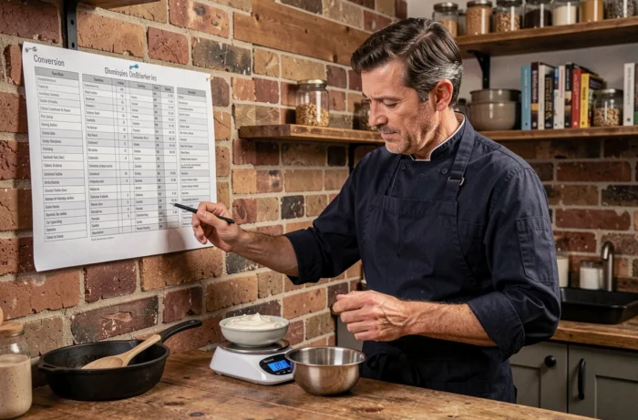 Homme consultant un tableau de conversion crème en ml dans une cuisine rustique avec balance numérique et tablier de chef