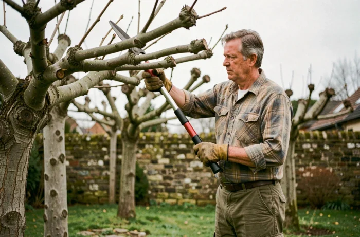 Jardinier taillant un mûrier platane avec des sécateurs à long manche dans un jardin de banlieue au printemps