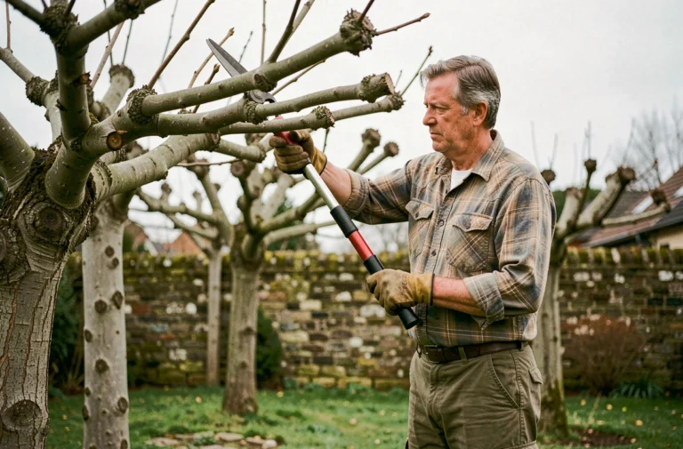 Jardinier taillant un mûrier platane avec des sécateurs à long manche dans un jardin de banlieue au printemps