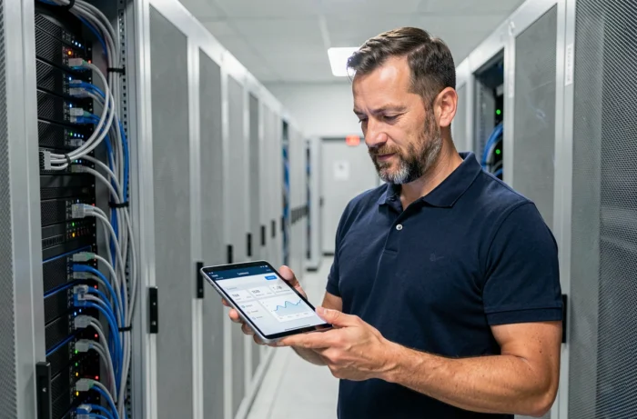 Technicien informatique consultant un tableau de bord de serveur dans un centre de données professionnel