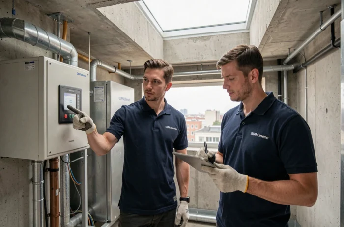 Deux techniciens inspectant un système de ventilation centralisée sur le toit d'un bâtiment rénové