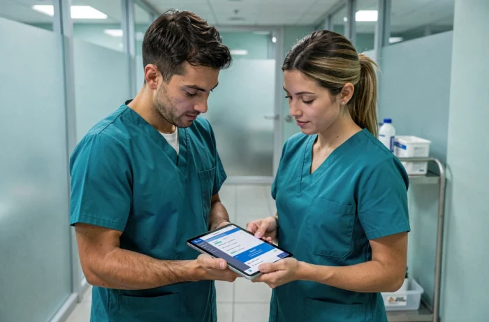 Deux techniciens vétérinaires collaborant sur une tablette avec un logiciel de gestion des patients animaux