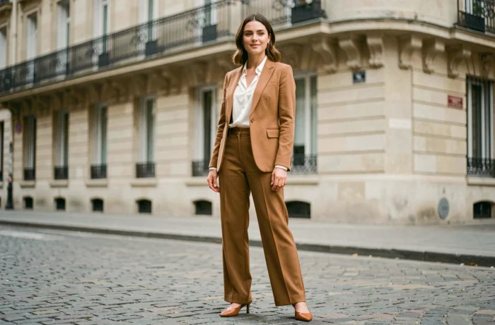Femme élégante en blazer camel et pantalon large dans une rue pavée parisienne, style mode chic automne