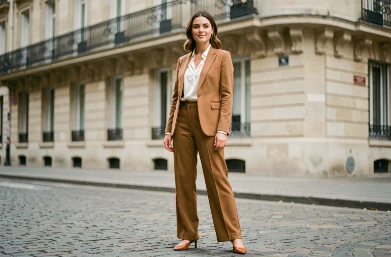 Femme élégante en blazer camel et pantalon large dans une rue pavée parisienne, style mode chic automne