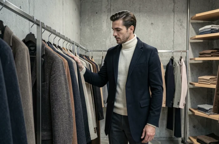 Homme en manteau marine et col roulé ivoire dans une boutique de mode minimaliste, tendances style chic masculin