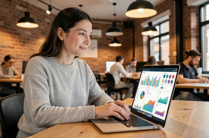 Femme professionnelle consultant des tendances digitales et analytics web sur un ordinateur portable dans un espace de coworking moderne