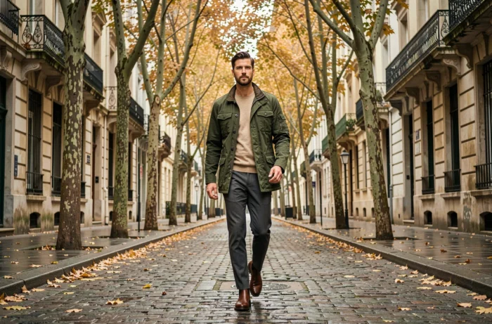Homme en veste utilitaire verte et bottes Chelsea marchant sur une rue pavée aux reflets d'automne dans une ville européenne