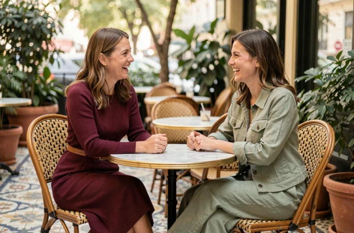 Deux femmes élégantes attablées en terrasse parisienne portant des tenues mode tendance, robe bordeaux et ensemble lin vert sauge