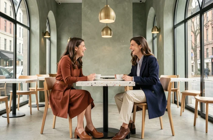 Deux femmes stylées en tenues tendance automnales riant ensemble dans un café minimaliste aux fenêtres voûtées et murs en stuc sauge