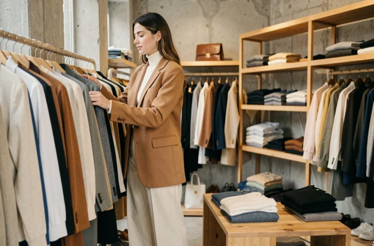 Jeune femme élégante en blazer camel et pantalon large ecru faisant du shopping dans une boutique de mode parisienne aux murs en béton