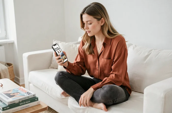 Jeune femme connectée consultant les tendances et nouveautés du web sur son smartphone dans un intérieur moderne et minimaliste