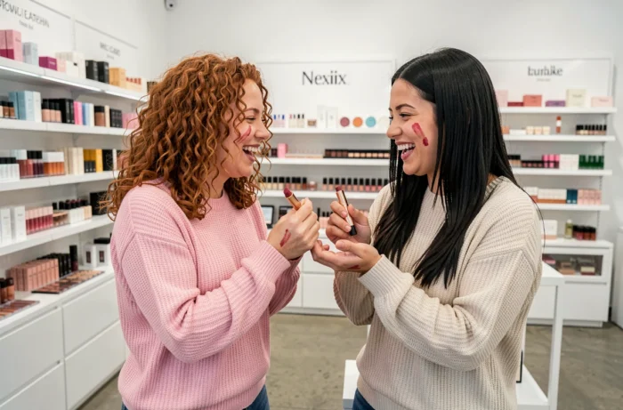 Deux femmes testant des teintes de rouge à lèvres dans une boutique de cosmétiques moderne, conseils beauté et tendances maquillage