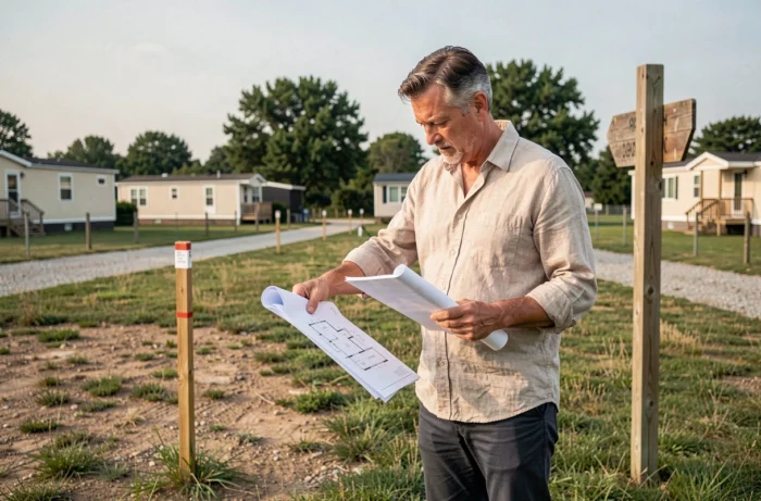 Homme d'une cinquantaine d'années examinant des plans et documents sur une parcelle PRL en zone semi-rurale, vérifiant les délimitations du terrain avant achat