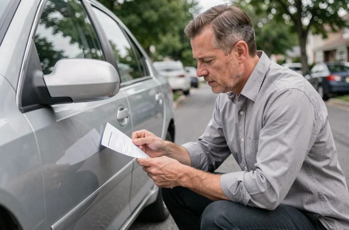 Homme examinant la plaque d'identification d'une voiture pour vérifier si le véhicule est en RSV