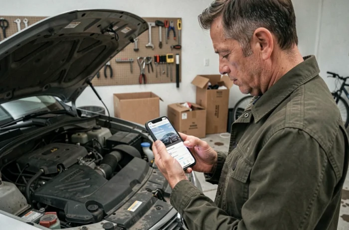 Automobiliste vérifiant les informations de son véhicule sur smartphone dans un garage pour identifier le statut RSV