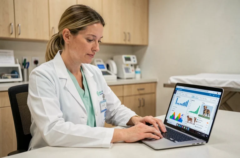 Vétérinaire utilisant un logiciel de gestion vétérinaire sur ordinateur portable dans une clinique moderne