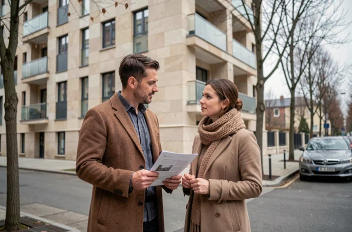 Couple visitant l'extérieur d'un immeuble résidentiel lors d'une recherche de location immobilière en ville
