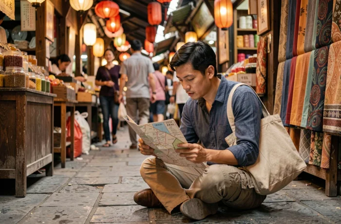 Voyageur consultant une carte papier dans un marché de rue asiatique animé, illustrant la curiosité du voyage et l'envie de découverte