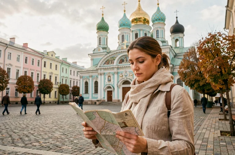 Voyageuse consultant une carte devant une église orthodoxe ukrainienne aux dômes turquoise dans une ville historique