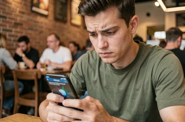 Jeune homme utilisant une application VPN sur son smartphone dans un café public pour sécuriser sa connexion et ses données