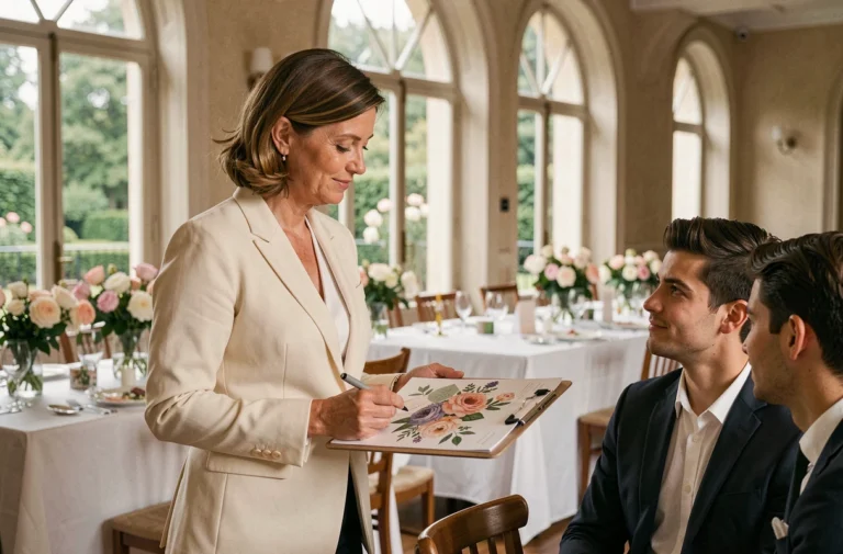 Wedding planner professionnelle en blazer crème consultant un couple dans une salle de réception élégante pour l'organisation d'un mariage